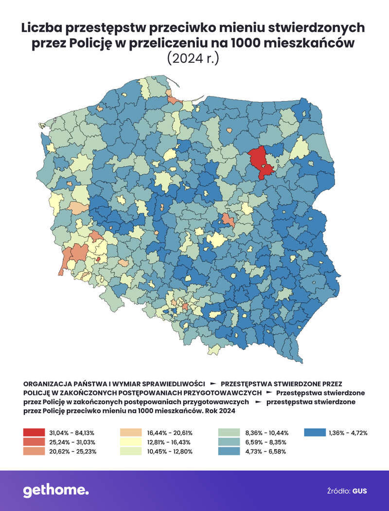 Liczba przestępstw przeciwko mieniu stwierdzonych przez Policję