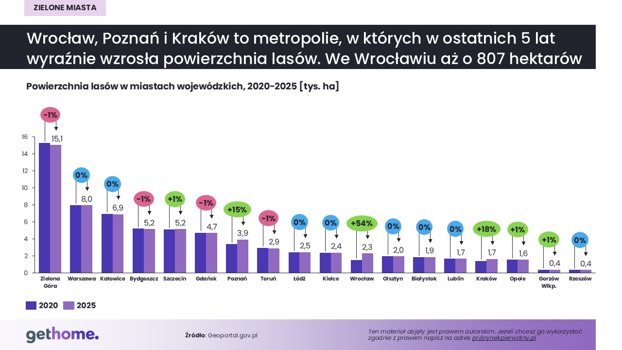 Powierzchnia lasów w miastach wojewódzkich 2020 -2025